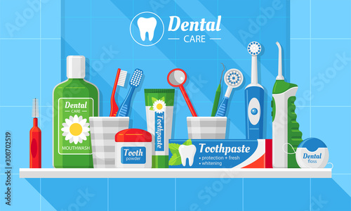 Dental care accessories flat vector banner template