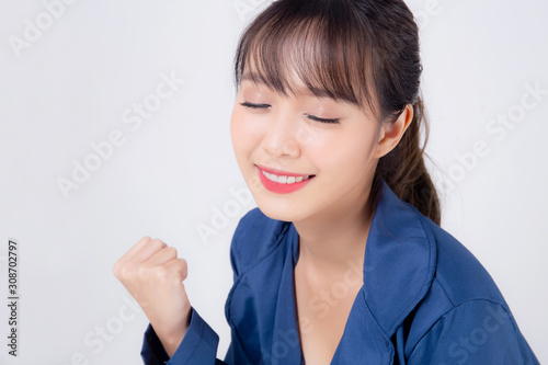 beautiful portrait young business asian woman standing with confident and excited isolated on white background, asia businesswoman work job occupation success and victory with smiling and happy.