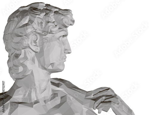 Background with a polygonal statue of David. Side view. Isolated on white background statue of the head of David. 3D. Vector illustration