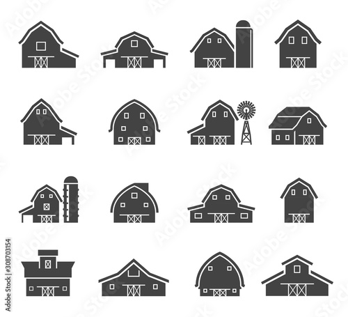 Rural barn building silhouettes glyph icons set