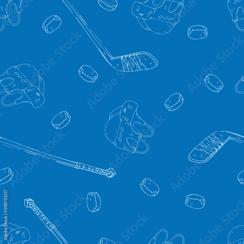 Hockey set seamless pattern. Vector illustration of a hockey stick, helmet, puck seamless pattern. Background from hockey stick hockey stick, puck.