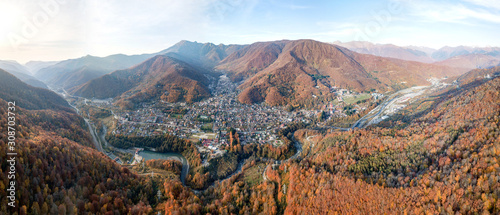Aerial view of Krasnaya Polyana, mountains in autumn. Russia.