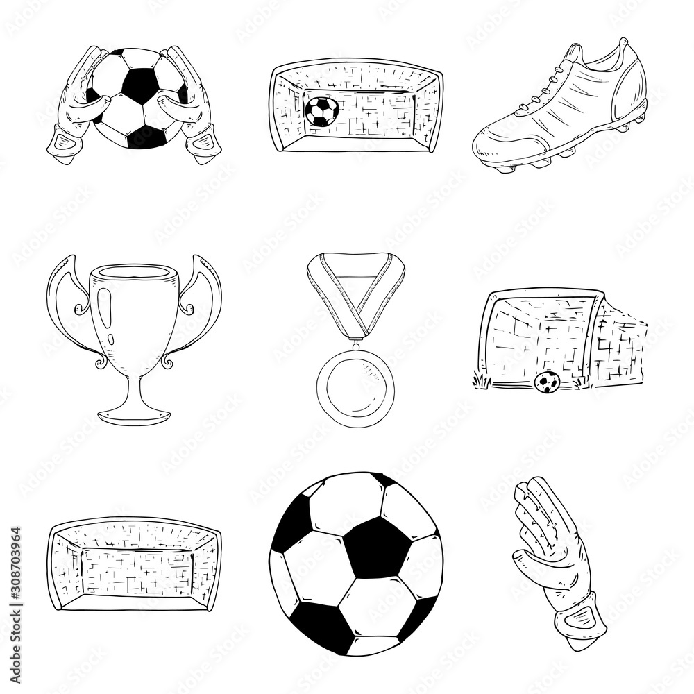 Soccer Icons Set Vector. Soccer Accessories. Ball, Uniform, Cup, Boots,  Scoreboard, Field. Isolated Flat Cartoon Illustration Stock Vector by  ©pikepicture 194560050