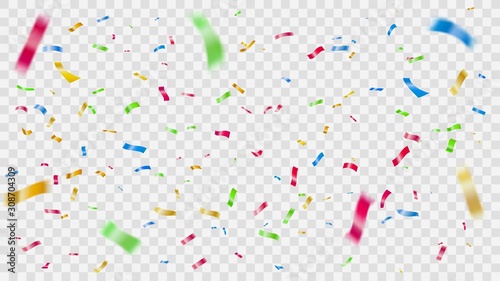 Colorful falling confetti. Flying color foil stripes, festival celebration confettis and party background elements vector illustration. Festive decor. Bright realistic tinsel on transparent backdrop