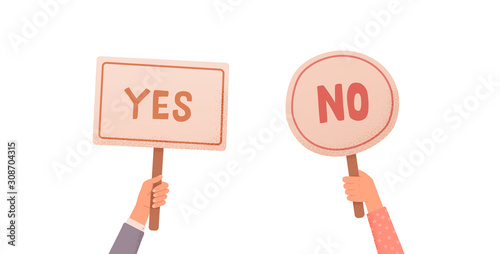 Hands holding signs Yes or No. Test question, choice, dispute, vote. Isolated vector illustration