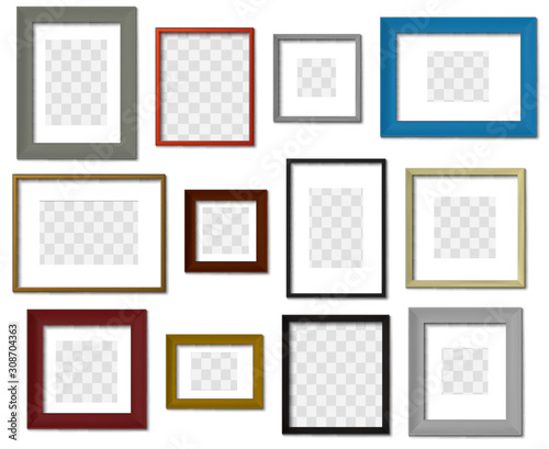 Photo frame. Wall picture different color frames, modern square border with realistic shadows vector set. Minimal interior picture-frames mockups on transparent background. Photography borders