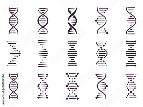 Spiral DNA icon. DNA molecule helix spiral structure, medical science chromosome concept, biology genetic symbols isolated vector icons set. Biochemistry. Deoxyribonucleic acid chain. Genetic code