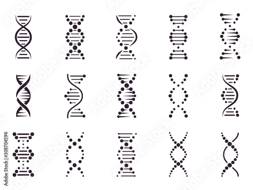 DNA model elements. Chemistry spiral chromosome structure concept, gene microbiology, molecule helix structure, medical science DNA elements isolated vector icons set. Deoxyribonucleic acid. Genetics
