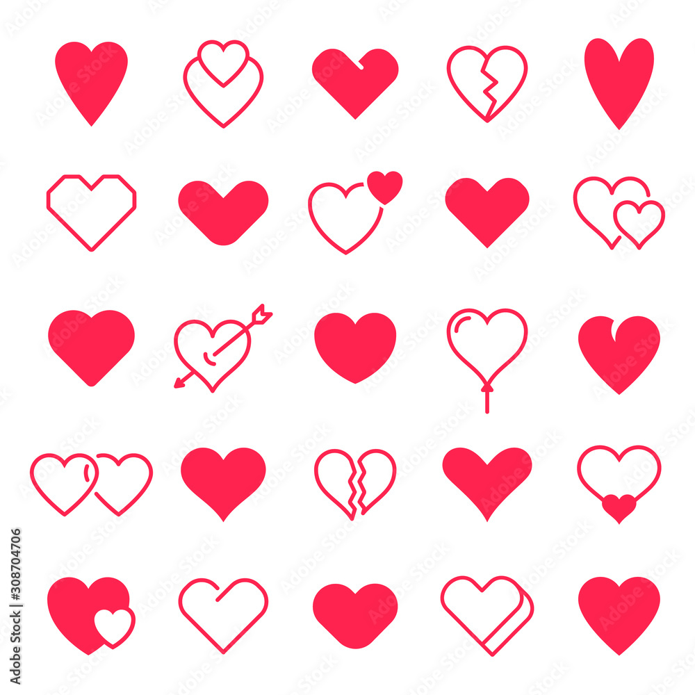 Love hearts icon. Abstract red loving heart symbols for valentines day, outline lovely red heart elements and love silhouette icons vector isolated set. Romance linear and filled symbol bundle
