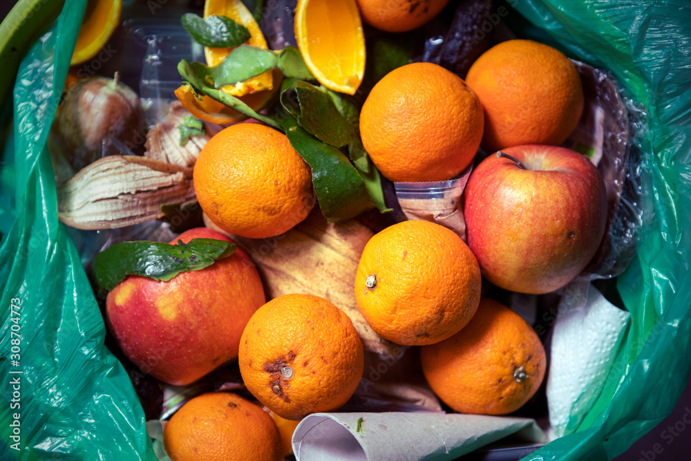 Food waste problem, leftovers Thrown into into the trash can. Spoiled food in refuse bin. Spoiled oranges and apples close up. Ecological issues. Garbage. Concept of food waste reduction. From above.