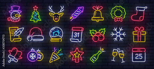 Merry Christmas and Happy New Year big set neon icon. Design elements. Winter neon icons set. Vector illustration