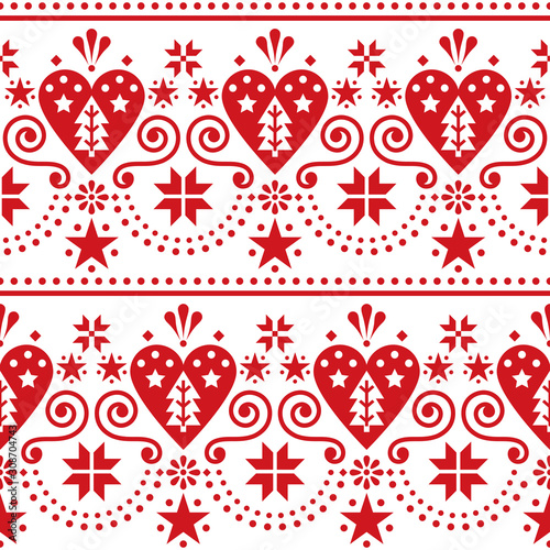 Scandinavian Christmas folk art seamless vector pattern - long, horizontal repetitive design with Christmas trees, snowflakes and hearts 