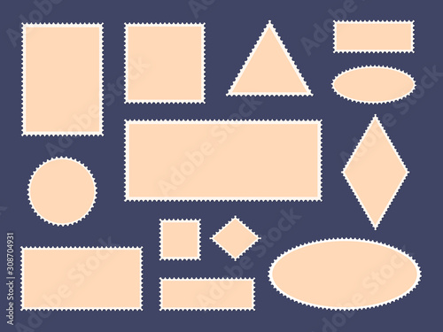 Postcard stamp frames. Postage stamps border, empty paper postcards and mail office stamp frames, philatelic cards vector isolated icon set. Blank envelope postal square, triangle stickers collection