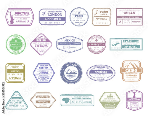 Vintage passport stamp. Airport cachet mark, passport visa international arrived stamps. USA, UK, France, Italy, Japan and Spain air boarder stamp frames vector isolated set. Travel airport signs