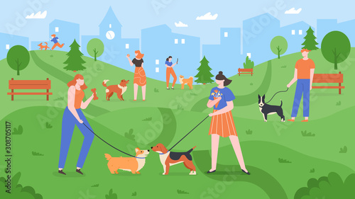 Dogs at park. Pets playing in dog park, people walk and play with dogs in outdoor yard, urban dog park landscape colorful vector illustration. Pet owners training puppies, have fun together