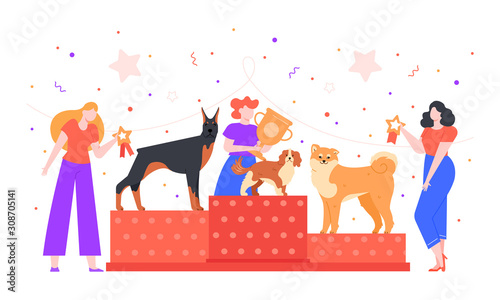 Dog show award. Female owner holding trophy golden goblet, dogs winning prize on pet show, dogs exhibition and pedestal rewarding colorful vector illustration. Pet owners characters competition