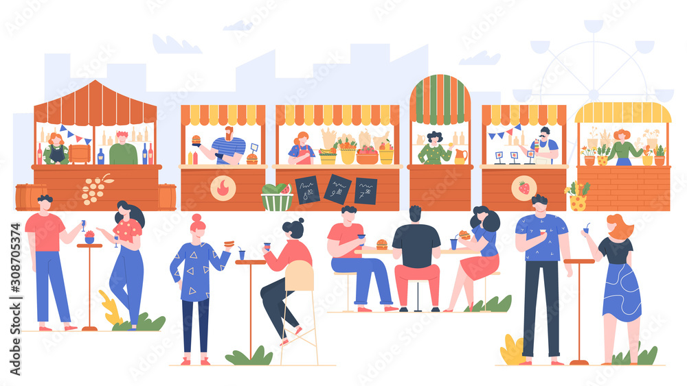 Outdoor food fest. People in fast food cafe, visiting park with family and friends. Characters eating in street cafe, friendly people outdoor recreate vector illustration. City food courts. Wine tent