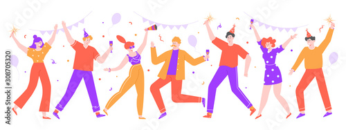 People celebrating. Happy celebration party, joyful women and men celebrating together with balloons and confetti. Dance celebration party vector isolated illustration. Birthday, festive event