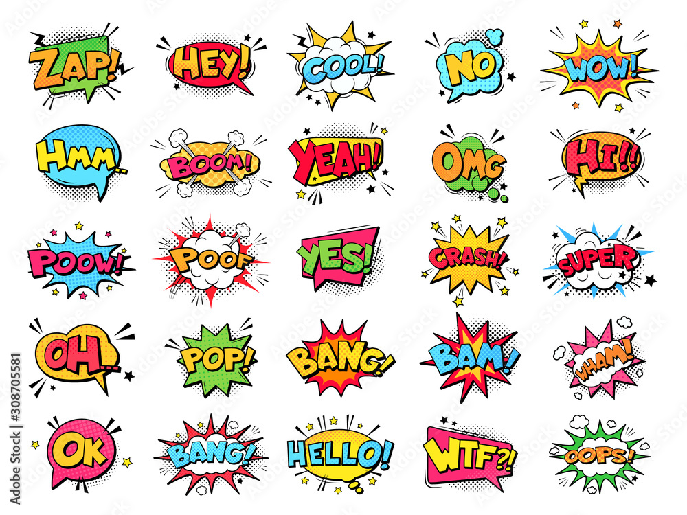 Comic book bubbles. Cartoon explosions funny comical speech clouds, comics words, thinking bubbles and graphic conversation text elements vector illustration set. Comic book emotional bubbles Stock Vector | Adobe Stock Comic book bubbles. Cartoon explosions funny comical speech clouds, comics words, thinking bubbles and graphic conversation text elements vector illustration set. Comic book emotional bubbles Stock Vector | Adobe Stock