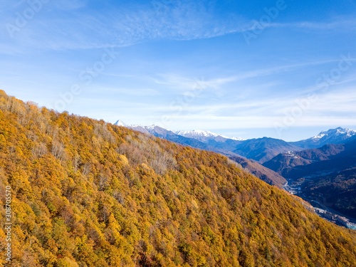 Aerial view of the Caucasus mountains in autumn in Krasnaya Polyana  Russia.