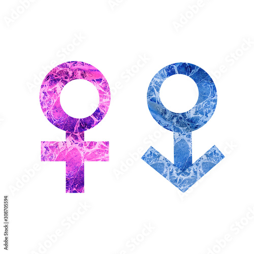 Sign of man and woman. Gender equality. Transgender. Male and female icon, flower, number 8, hearts, set with watercolor texture. Pink and blue. stock illustration on a white background
