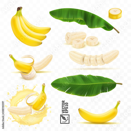 3d realistic vector set of banana fruits, bunch of bananas, peel, peeled banana, Fototapeta
