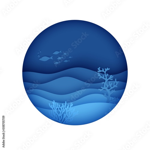 View of the underwater world through the porthole of a submarine in paper cut style. Vector papercut wave, tropical marine life in round frame. Craft underwater ocean diving concept. World Ocean Day.