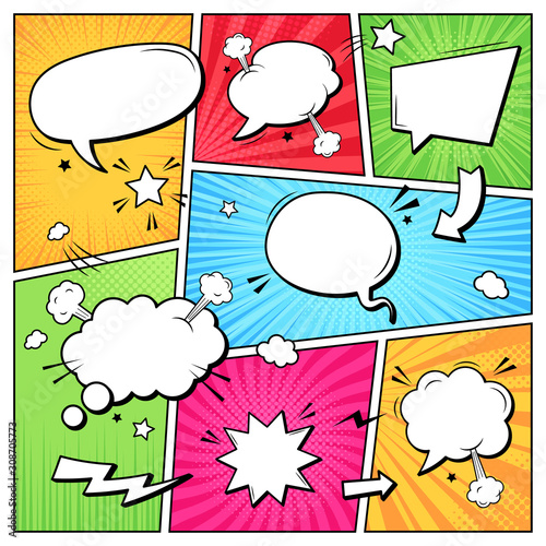Comic books dialog bubbles. Cartoon book superhero scrapbook page template, empty comical speech clouds, graphic art frame vector layout template illustration. Pop art background with blank balloons