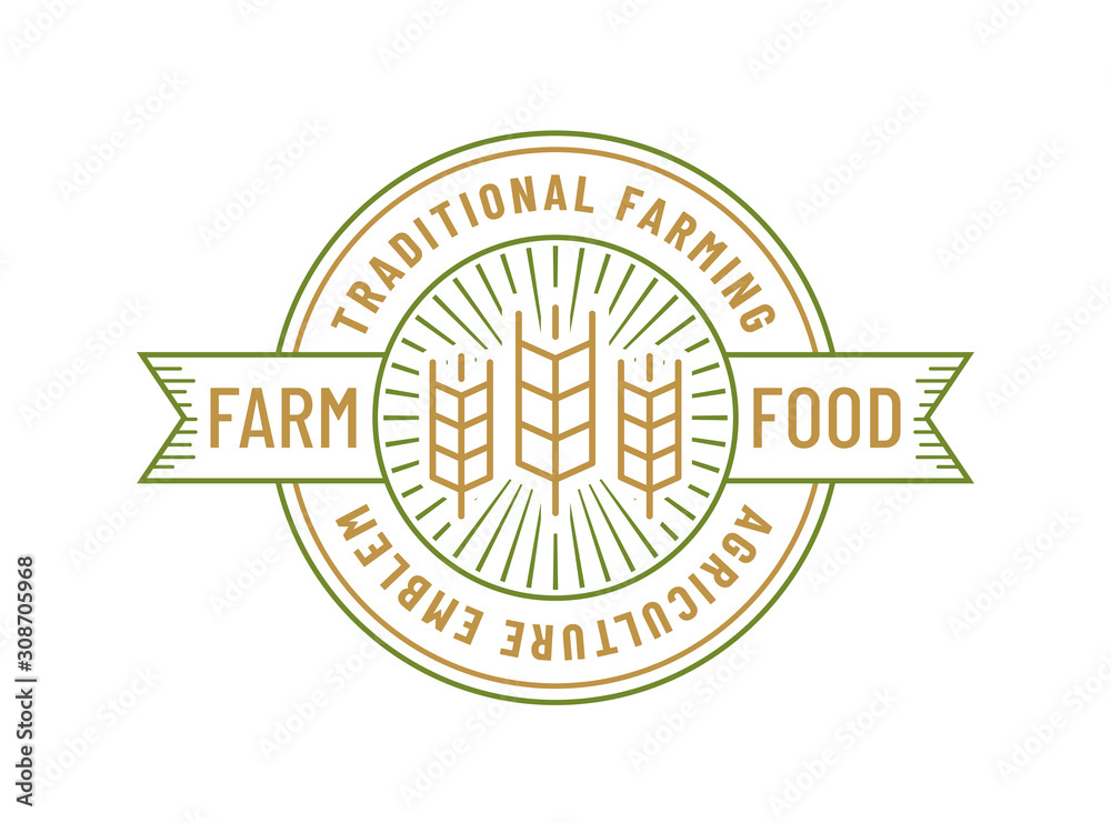 Farm food emblem with wheat. Vector line logo. Farm food emblem with wheat. Vector line logo.