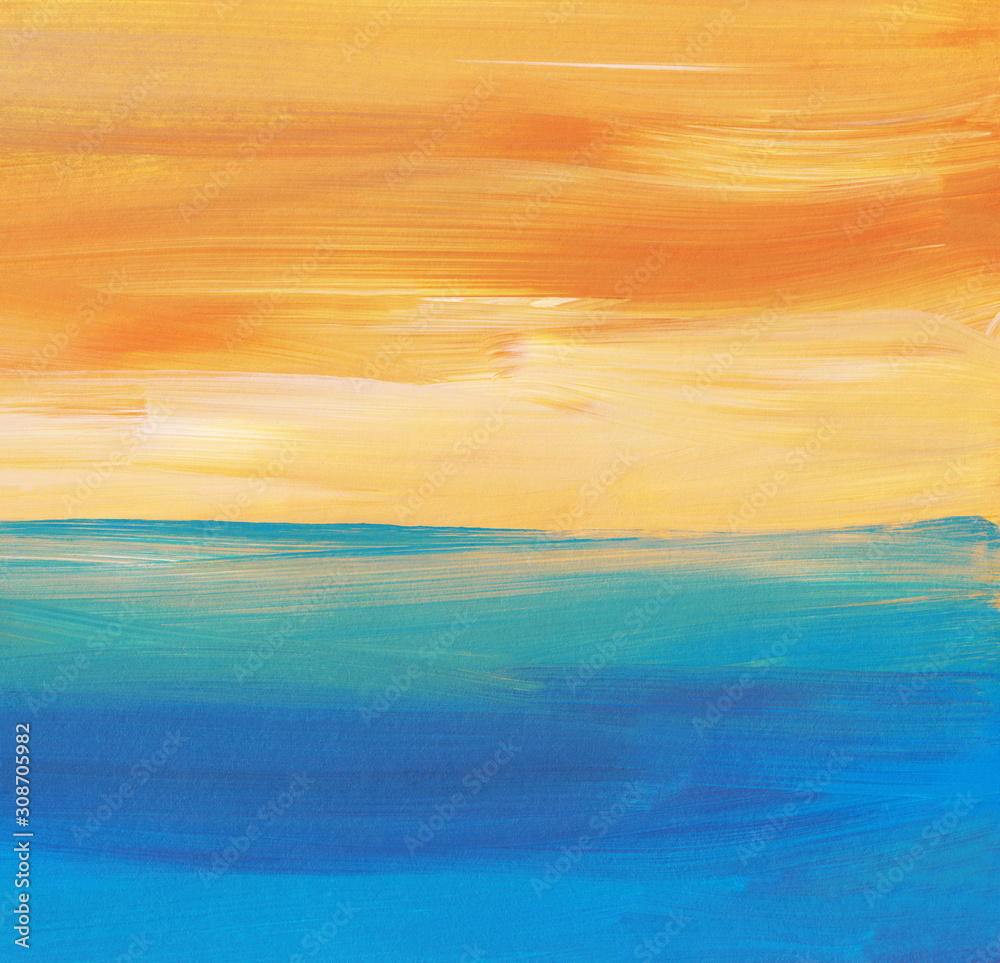 Abstract background painting, blue, orange, turquoise. Oil multicolored brush strokes on paper. 