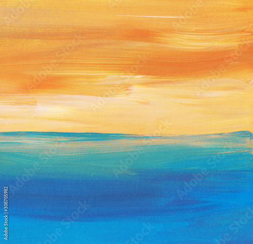 Abstract background painting, blue, orange, turquoise. Oil multicolored brush strokes on paper. 