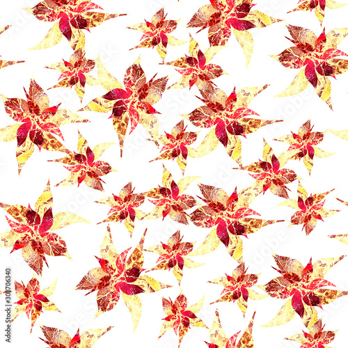 Pattern with a beautiful flower, Christmas, watercolor. Delicate red and gold flower bud on a white background. Christmas flower with texture, christmas tree, golden leaves. stock illustration. for te