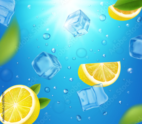 Lemons, ice cubes and sun shine in water. Bubbles and fresh lemon slices on blue backgrouns. Realistic lemonade Vector illustration