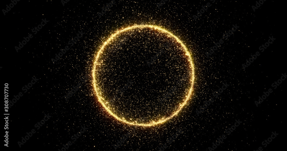 Gold glitter circle of light shine sparkles and golden spark particles in circle frame on black background. Christmas magic stars glow, firework confetti of glittery ring shimmer - obrazy, fototapety, plakaty 