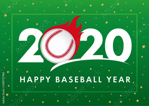 Happy Baseball Year 2020 text with ball in flame on green background. Merry Christmas vector illustration with 2, ball and 20 number, invitation card for winter baseball tournament