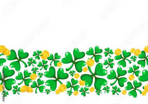 Saint Patricks Day seamless border frame - cartoon shamrock or clover leaves and golden coins  border pattern on white background  traditional folk holiday symbols or festive decorations  vector
