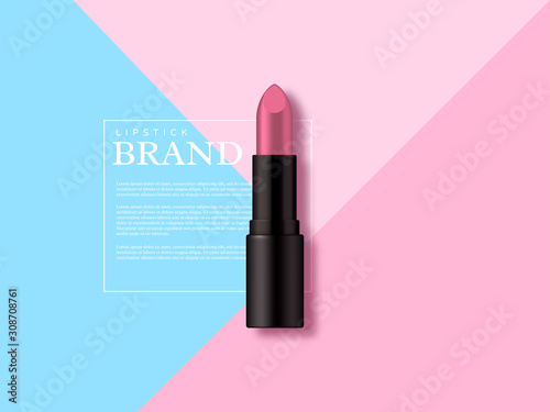 Lipstick makeup ad, cosmetics beauty product. Geometric flat lay in pastel colors, top view. Minimalist vector template for advertisement.