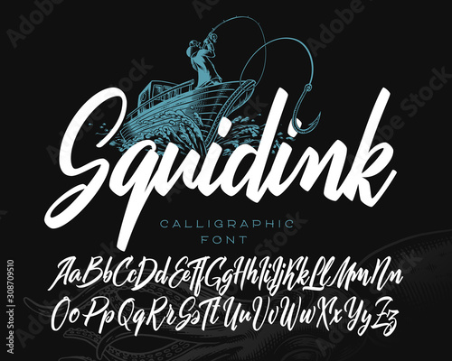 Calligraphic font named "Squidink" with fishing boat vector illustration