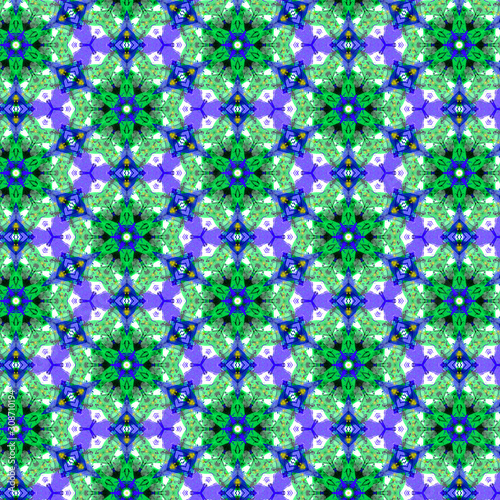 Seamless pattern with kaleidoscopic purple and green geometric shapes digital wallpaper background