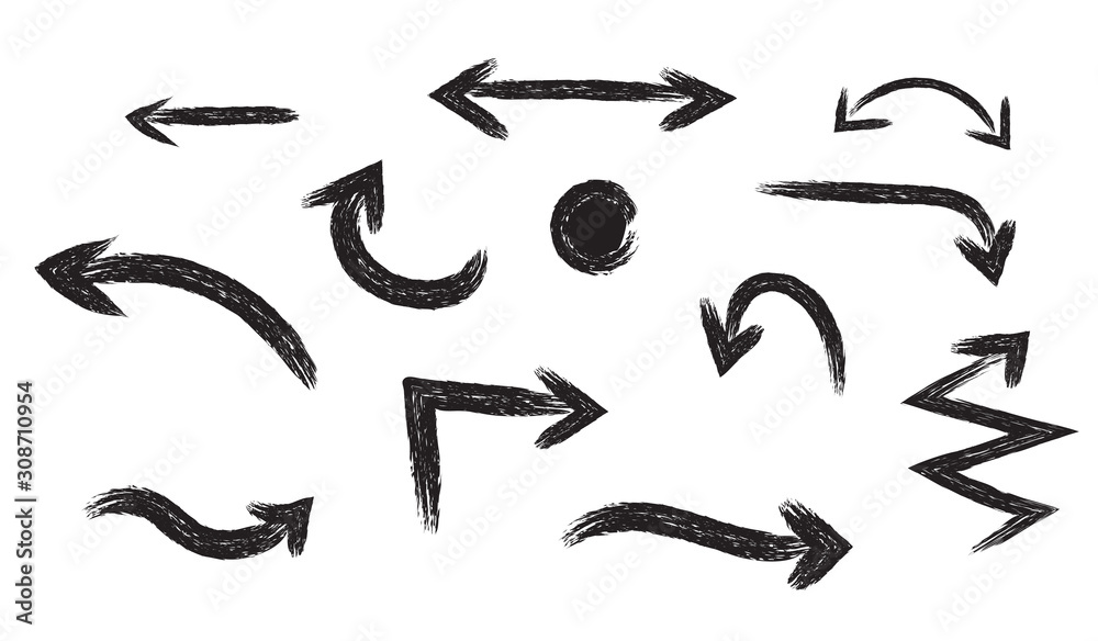 Arrows set on a white background. Different brush pointers.Paint object for use in your design.Arrow hand drawn vector.Creative drawing grunge rough.Up right down Arrows set on a white background. Different brush pointers.Paint object for use in your design.Arrow hand drawn vector.Creative drawing grunge rough.Up right down