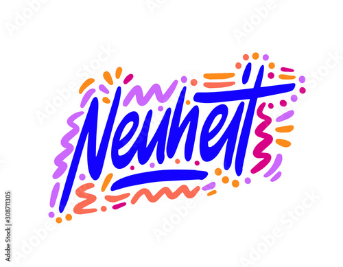 Neuheit, new in German. Modern brush calligraphy. Hand lettering illustration. Calligraphic poster. On white background Vector illustration.