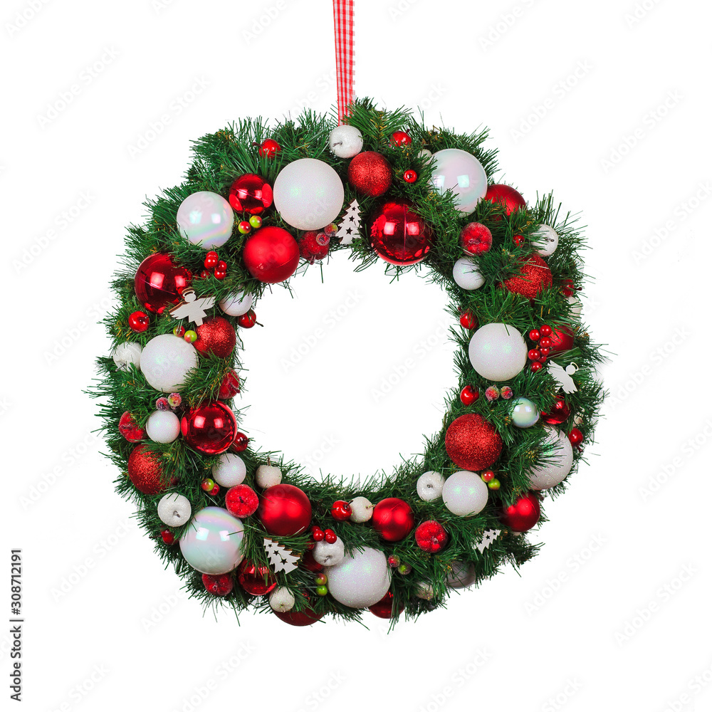 christmas wreath with decorations isolated on white background christmas wreath with decorations isolated on white background