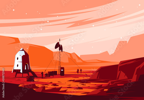 Vector illustration of the Martian landscape, spacecraft on the surface of Mars, colonization of Mars, astronauts on the background of the Martian landscape