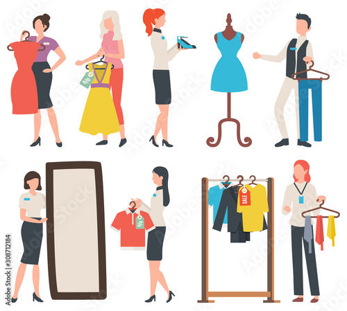 Seller and shopper, people choosing clothes and footwear. T-shirt and suit, tie on hanger, business promotion, sale old collection, buyer in store vector
