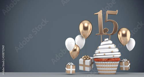 Number 15 gold birthday cupcake with balloons and gifts. 3D Render photo