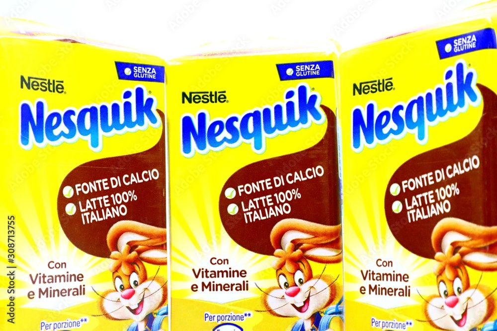 Italy - August 18, 2019: NESQUIK Chocolate Milk. Nesquik is a brand of ...