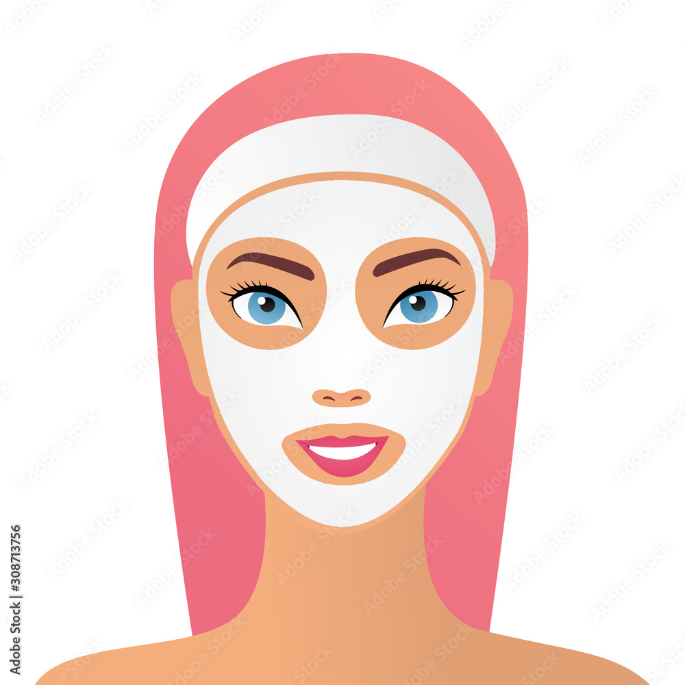 Woman with a cosmetic face mask. Smiling girl portrait. Vector illustration. Beauty Fashion Model Girl with Pink Hair. Colourful Hair. Colouring hair Woman with a cosmetic face mask. Smiling girl portrait. Vector illustration. Beauty Fashion Model Girl with Pink Hair. Colourful Hair. Colouring hair