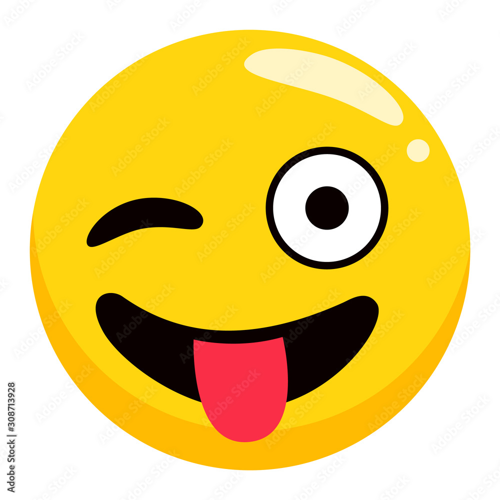 Fototapeta premium Photozone accessory, winking smiley, emoji with tongue, round character with positive emotion. Happy yellow icon, cheerful object for photoshoot. Funny expression symbol, smiley avatar vector