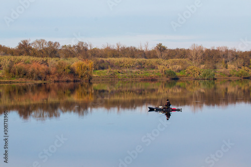 Canoe and kayak fishing in Tagus river, Pinheiro Grande, Chamusca, Portugal