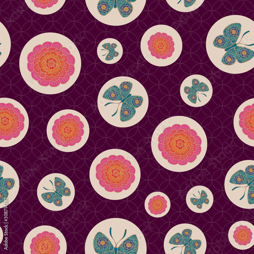 Vector Blue Green Butterflies with Floral Wings and Pink Purple Flowers in Beige Circles on Purple. Background for textiles, cards, manufacturing, wallpapers, print, gift wrap and scrapbooking.